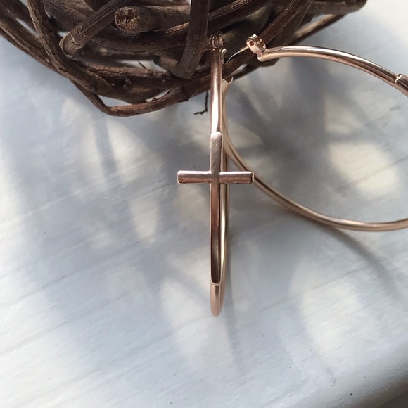 1 Left! Rose Gold Tone Hoop Earrings with Cross ✝️ - Picture 4 of 8